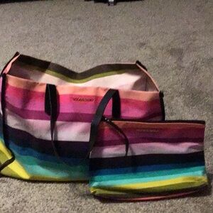 Victoria Secret rainbow Striped Women's beach tote/Bag Set